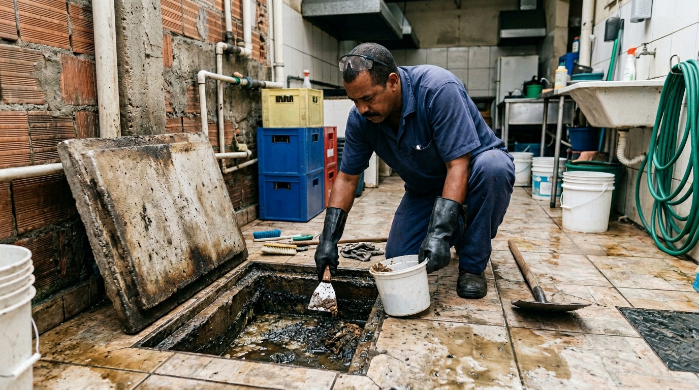 Limpeza de caixa de gordura residencial em Santos-SP